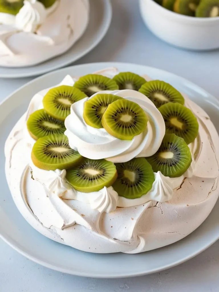 a white plate holds a pavlova dessert, topped with whipped cream and kiwi slices. the pavlova has a meringue base, and the kiwi slices are arranged in a circular pattern on top of the cream. another plate with a similar dessert is visible in the background. the image is well-lit and focuses on the pavlova