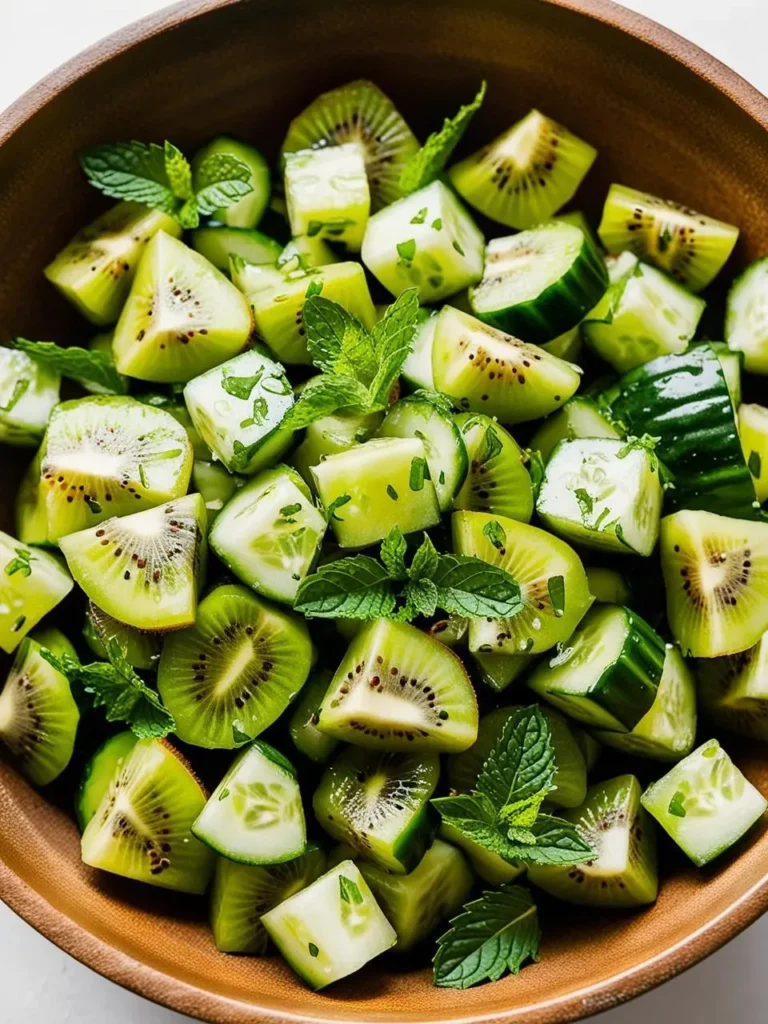 a wooden bowl filled with a refreshing salad of diced kiwi and cucumber, garnished with fresh mint leaves. the kiwi and cucumber pieces are arranged loosely, creating a vibrant mix of green hues. the bowl sits on a light surface, and the salad appears to be a light and healthy dish