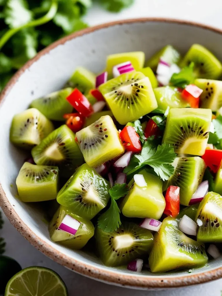 a bowl filled with a vibrant kiwi salsa, featuring diced kiwi, red onion, red pepper, and cilantro. the salsa has a mix of green, red, and white hues, and the ingredients are arranged loosely in the bowl. a lime half is visible in the bottom left corner