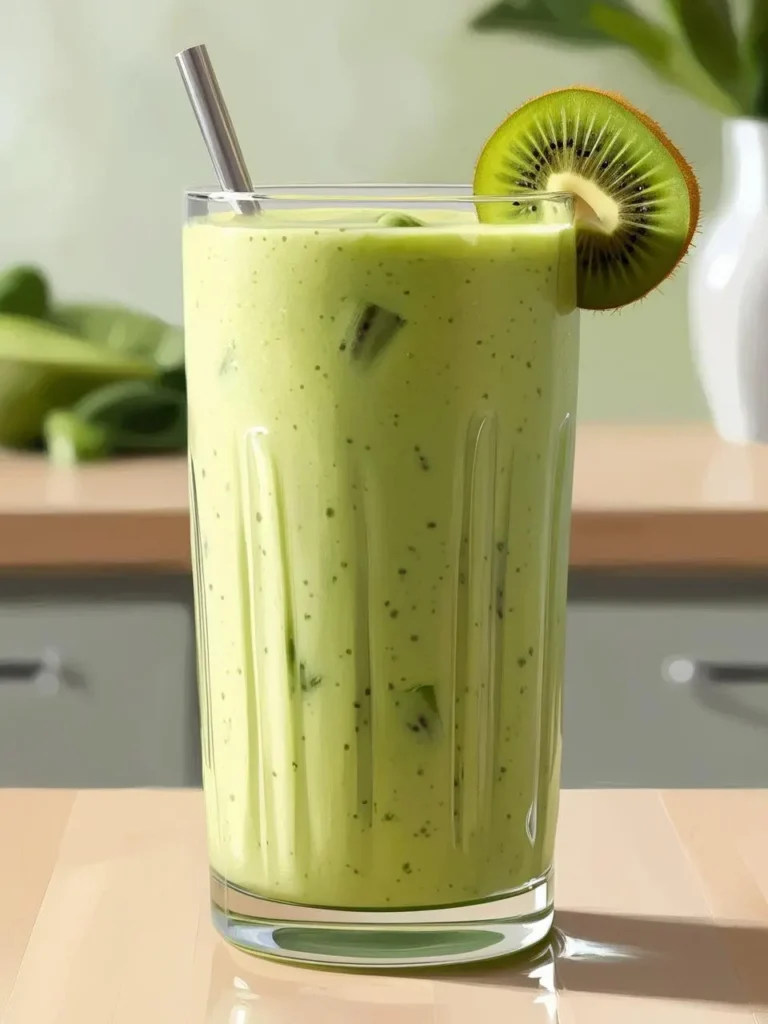 a tall glass filled with a light green kiwi smoothie sits on a wooden countertop. ice cubes are visible within the smoothie, and a kiwi slice garnishes the rim. a metal straw is inserted into the drink. the background shows a kitchen setting with blurred cabinets and plants