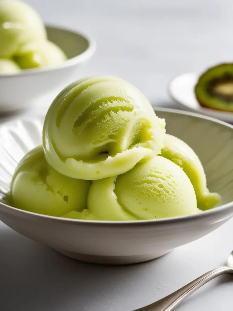 a white bowl holds three scoops of light green kiwi ice cream. the ice cream has a smooth, creamy texture, and the bowl sits on a light surface. another bowl with ice cream and a sliced kiwi are visible in the background. a silver spoon is partially visible at the bottom of the image