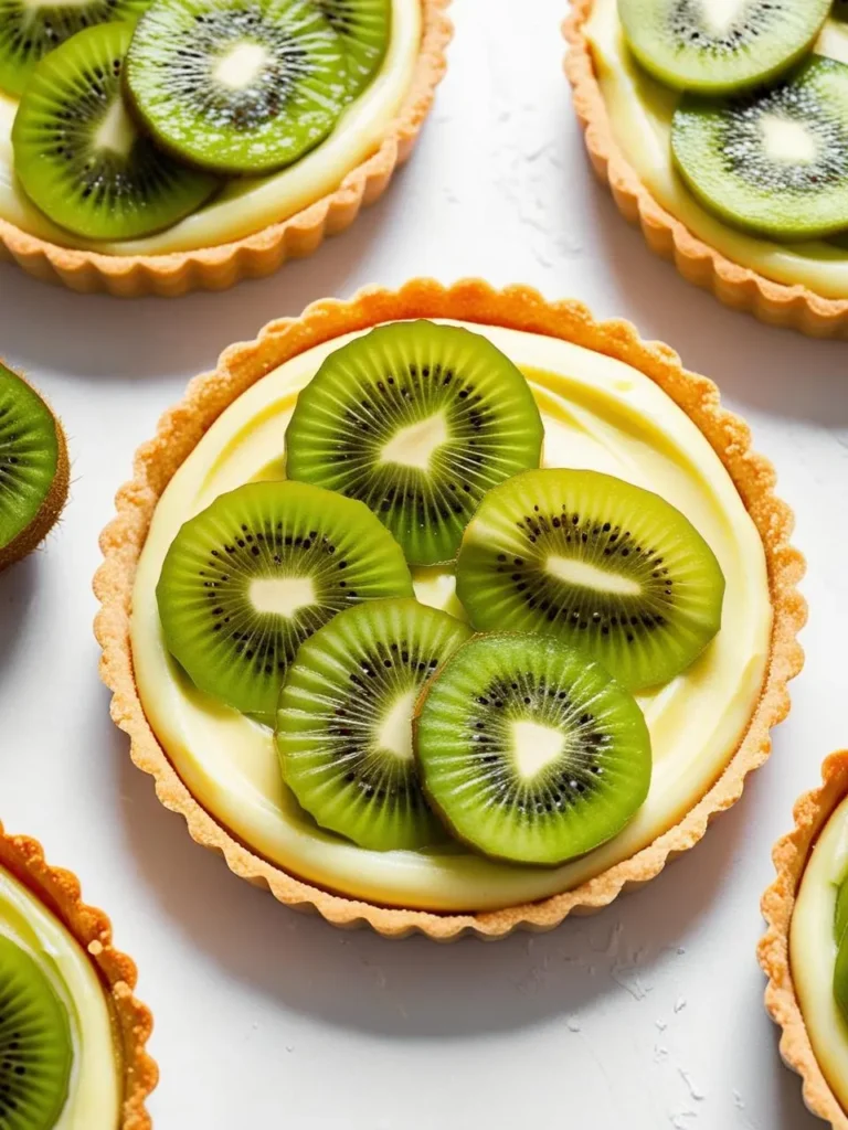 several small kiwi tarts are arranged on a white surface. each tart has a light-colored crust, a creamy filling, and is topped with sliced kiwi fruit. the kiwi slices are bright green and arranged in a circular pattern. the image is shot from above, showcasing the tarts' design