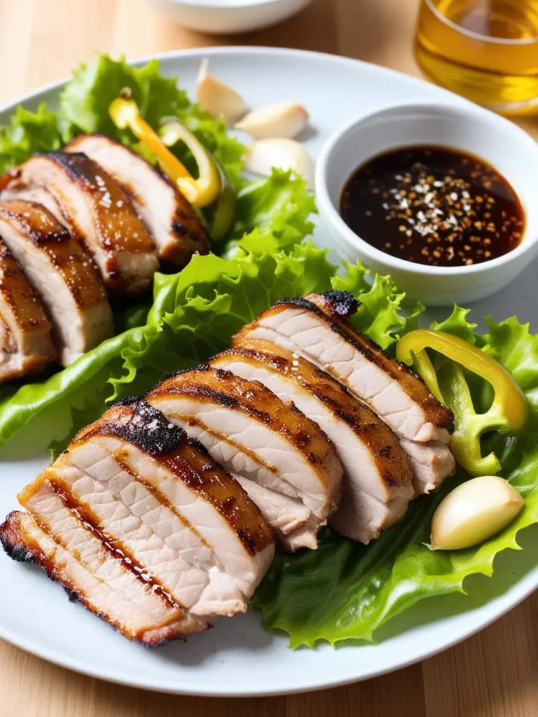 a plate with sliced pork jowl, lettuce leaves, garlic cloves, and yellow bell pepper slices. a small bowl of dark sauce is on the plate. the pork jowl is grilled and sliced, showing grill marks. a small glass of liquid is in the upper right corner. the plate is white