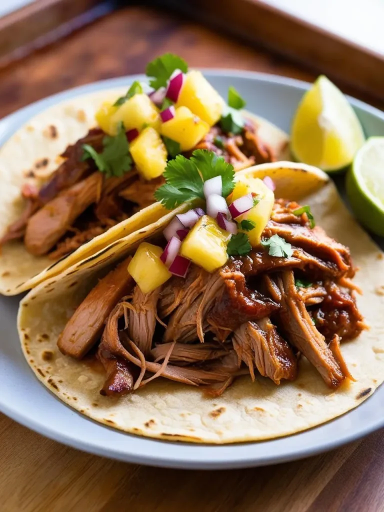 Two delicious tacos filled with shredded pork carnitas. The tacos are topped with a vibrant pineapple salsa, garnished with fresh cilantro, and served with a wedge of lime. The image evokes the flavors of a classic Mexican dish with a sweet and savory twist.