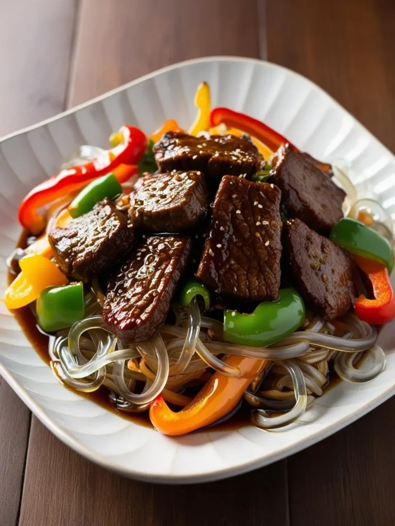 A plate of savory beef and vegetable stir-fry. Tender pieces of beef are nestled amongst colorful bell peppers and glass noodles, all coated in a rich, glossy sauce. Sesame seeds are sprinkled on top for added texture and flavor. The dish looks incredibly appetizing and perfect for a quick and healthy meal.