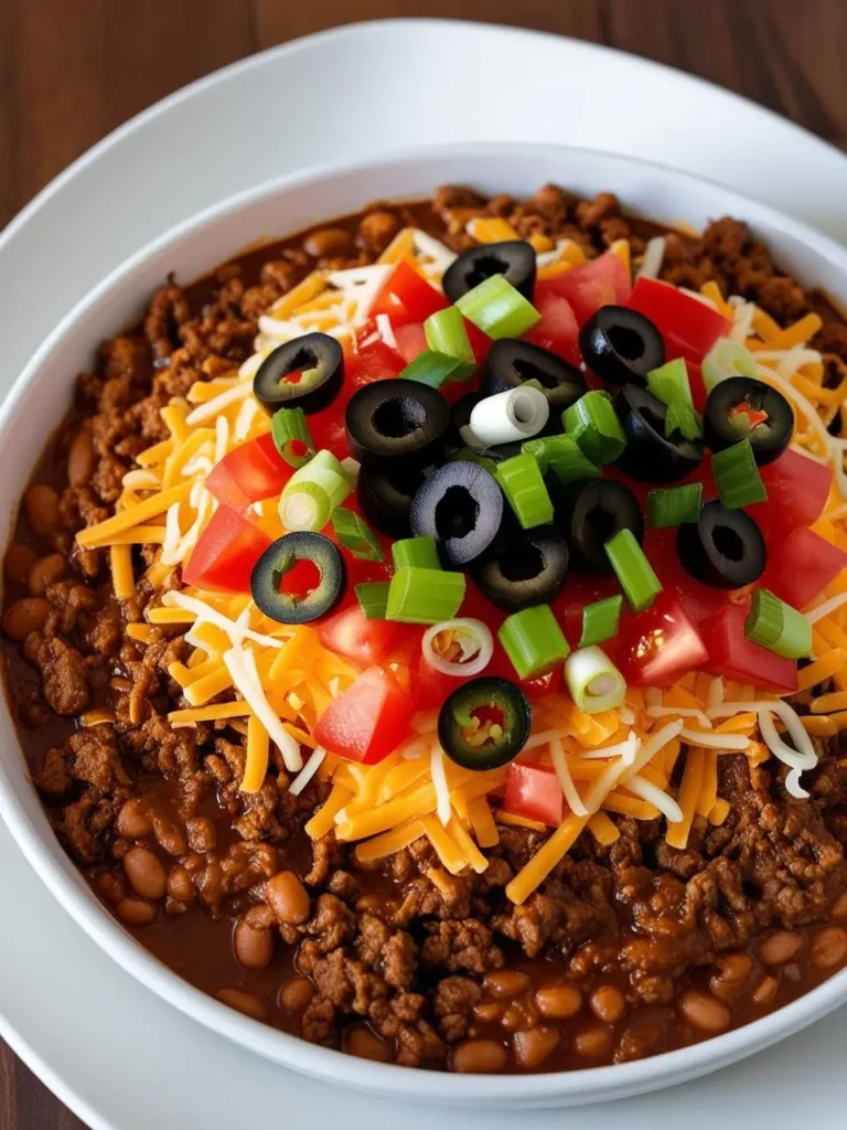 A bowl of hearty chili topped with a variety of toppings. The chili is loaded with ground beef, beans, and a rich tomato-based sauce. It's garnished with shredded cheese, chopped tomatoes, black olives, sliced green onions, and chopped jalapenos. The dish looks incredibly appetizing and perfect for a satisfying meal.