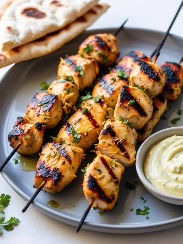 A plate of grilled chicken skewers with char marks and sprinkled with fresh parsley. A small bowl of dipping sauce sits alongside, and flatbread rounds are in the background. The image evokes the aroma of grilled meat and the promise of a delicious meal.