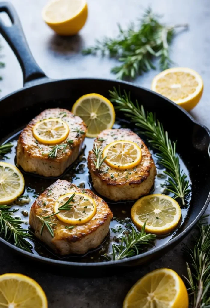 three cooked pork medallions, each topped with a lemon slice and rosemary sprig, sit in a cast iron skillet. the medallions are browned and appear to be juicy, and the lemon and rosemary add a fresh, vibrant touch. lemon halves are scattered around the skillet on a dark surface