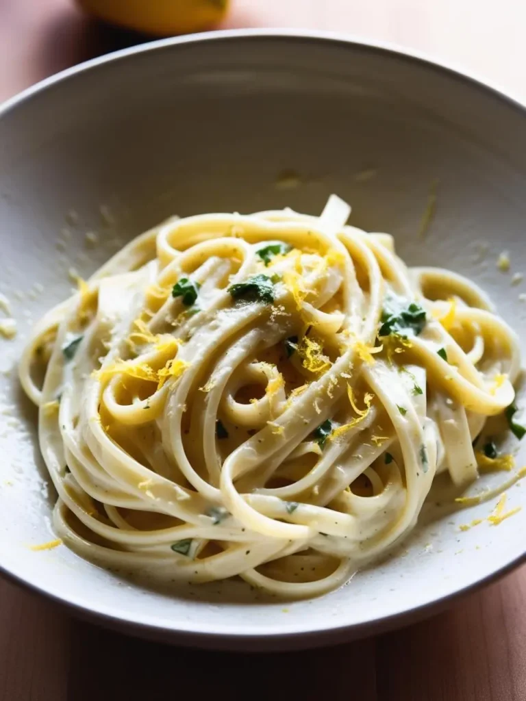 A bowl of creamy lemon pasta. The pasta is coated in a rich, buttery sauce with a bright lemon flavor and is garnished with lemon zest and fresh parsley. The image evokes the freshness and lightness of this summery dish.