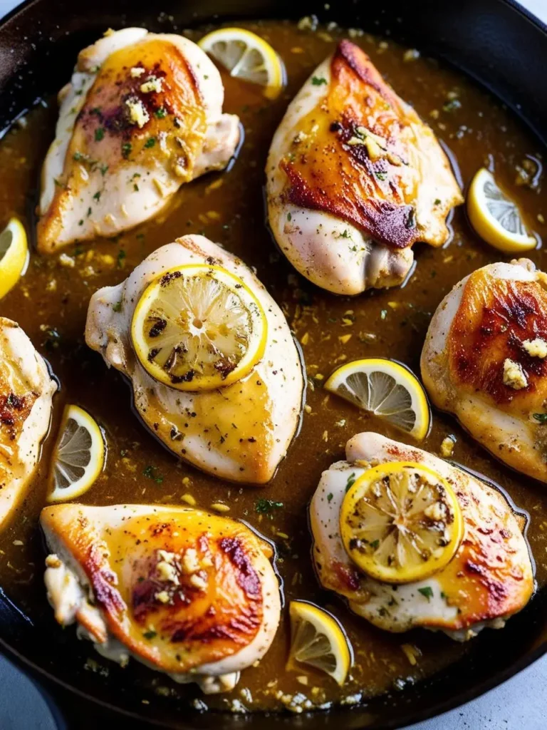 A skillet full of golden-brown chicken breasts simmering in a lemony sauce. Lemon slices and garlic cloves are scattered around the chicken, adding to the aroma and flavor. The dish looks incredibly appetizing and perfect for a quick and delicious meal.