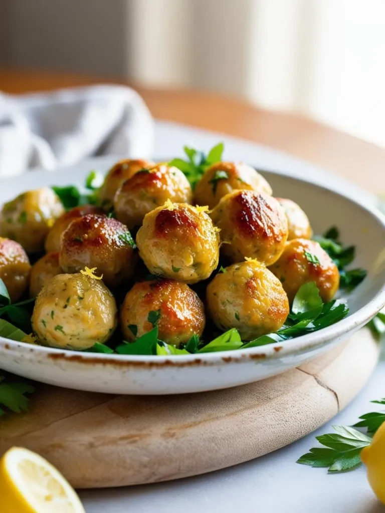 A plate of golden-brown lemon herb chicken meatballs. The meatballs are nestled on a bed of fresh parsley and look light and flavorful. Lemons and lemon zest are scattered around the plate, suggesting a bright and zesty taste.