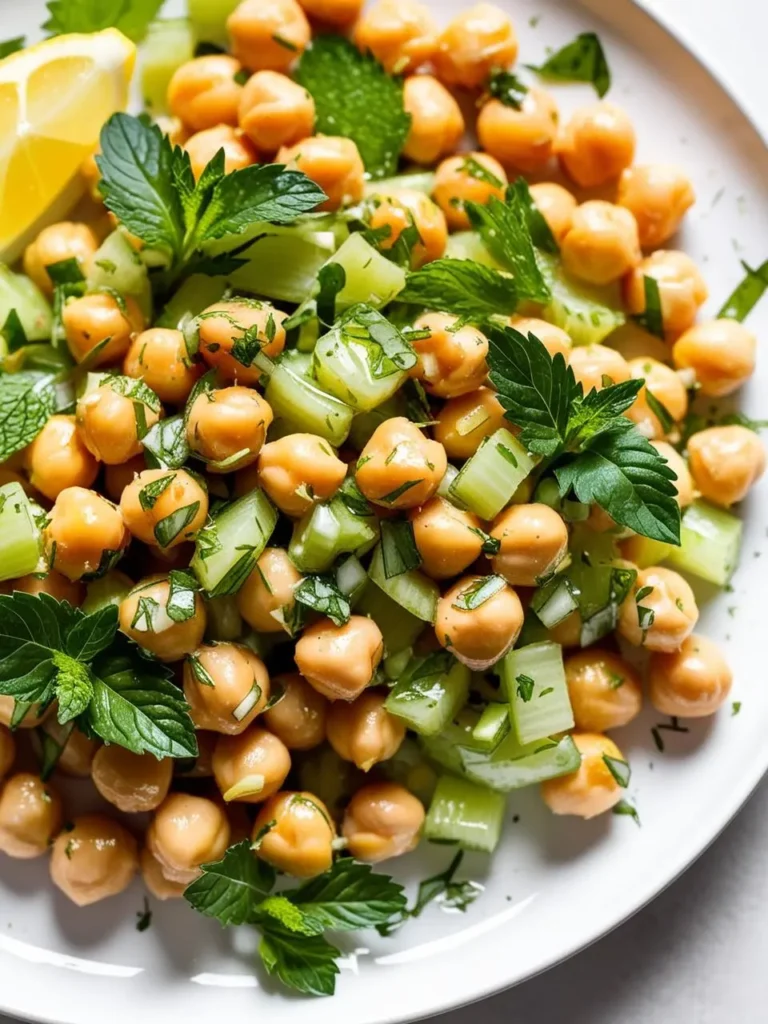 A refreshing chickpea salad. It's a vibrant mix of chickpeas, chopped celery, and fresh mint leaves, with a hint of lemon. The salad looks light and healthy, perfect for a summer meal.