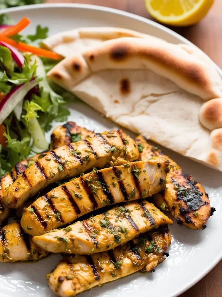 a white plate holds grilled chicken strips, seasoned with herbs and grill marks, alongside a folded pita bread and a small salad. the plate sits on a wooden surface, and a lemon half is visible in the top right corner. the chicken appears to be juicy and flavorful