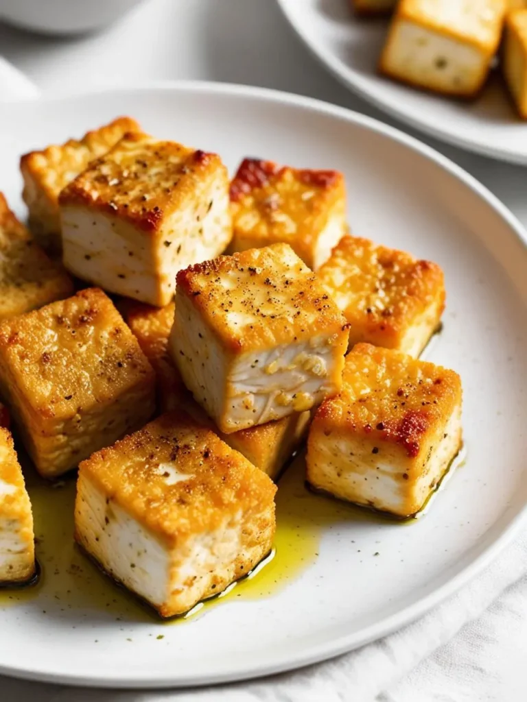 a white plate holds several cooked tofu cubes, browned and seasoned with herbs and spices. the tofu cubes are arranged loosely, and some have a glossy sheen from oil. another plate with tofu cubes is partially visible in the background. the tofu appears to be crispy and flavorful. the image is shot from a low angle