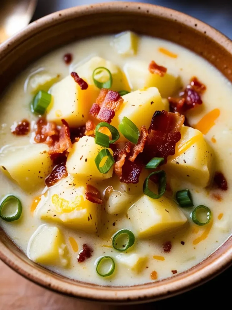 A bowl of creamy potato soup. The soup is filled with tender chunks of potato, crispy bacon bits, and shredded cheese. The image evokes the aroma of savory spices and the promise of a warm and comforting meal.