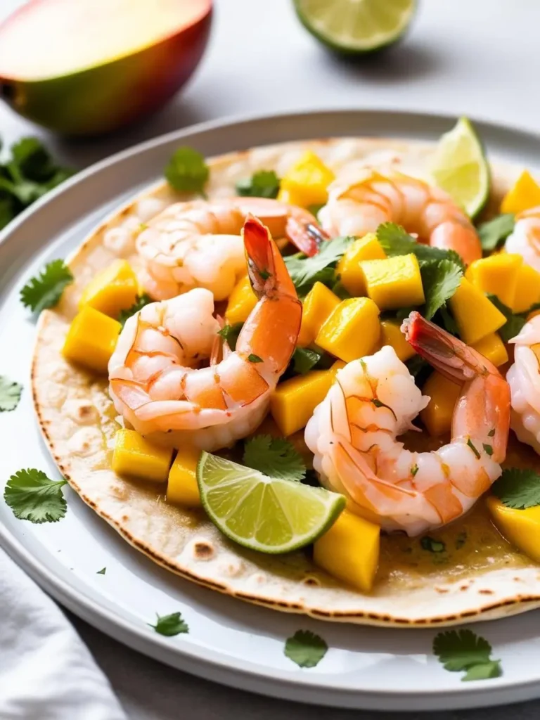 a shrimp taco with mango salsa on a gray plate. the taco includes cooked shrimp, diced mango, cilantro, and lime wedges on a tortilla. the shrimp are pink and curled. the mango is yellow and cubed. the lime wedges are bright green. a mango half is in the upper left corner