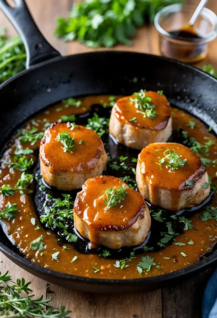 four cooked pork medallions, glazed with a glossy sauce and garnished with herbs, sit in a skillet. the medallions are evenly spaced, and the sauce adds a rich, flavorful element. the skillet sits on a wooden surface, and a small bowl of sauce and herbs are visible in the background