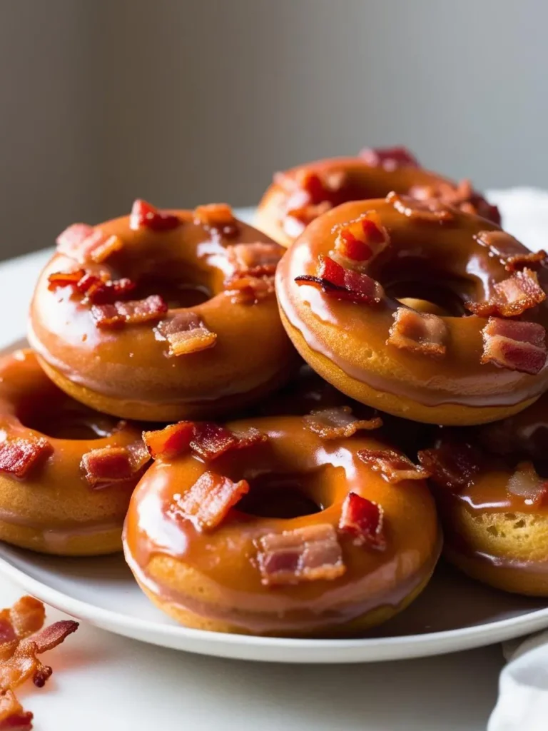 A plate of maple bacon donuts. The donuts are glazed with a rich maple glaze and topped with crumbled bacon bits. They look incredibly appetizing and perfect for a sweet and savory treat.