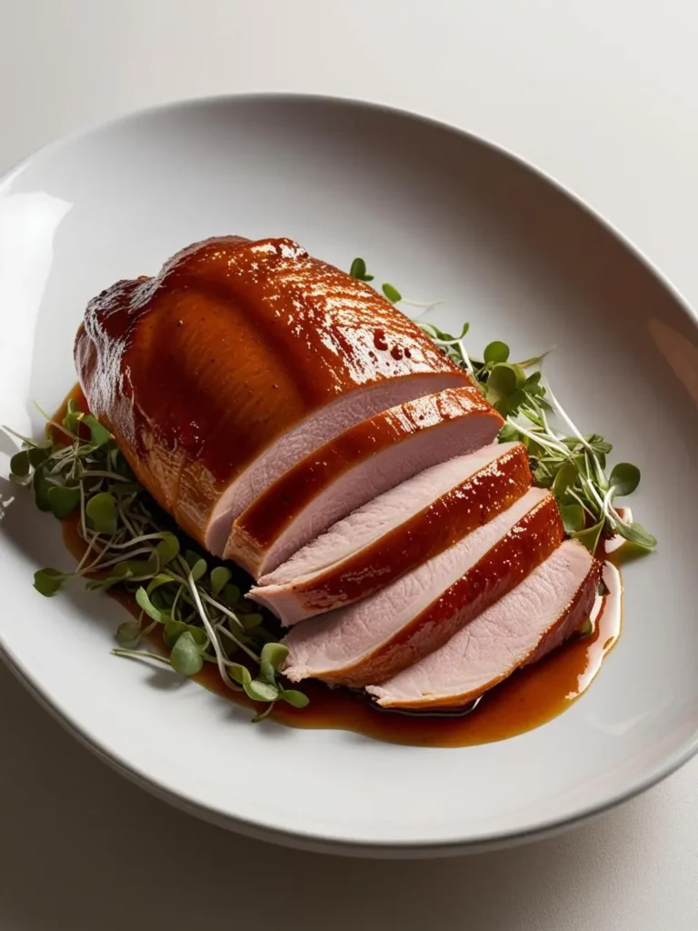 A glazed pork loin roast, partially sliced to show a rosy interior, sits on a white oval platter.  The roast is nestled on a bed of microgreens, and a rich, dark sauce pools beneath it. The image suggests a sophisticated and flavorful meal, highlighting the perfectly cooked pork and its elegant presentation.