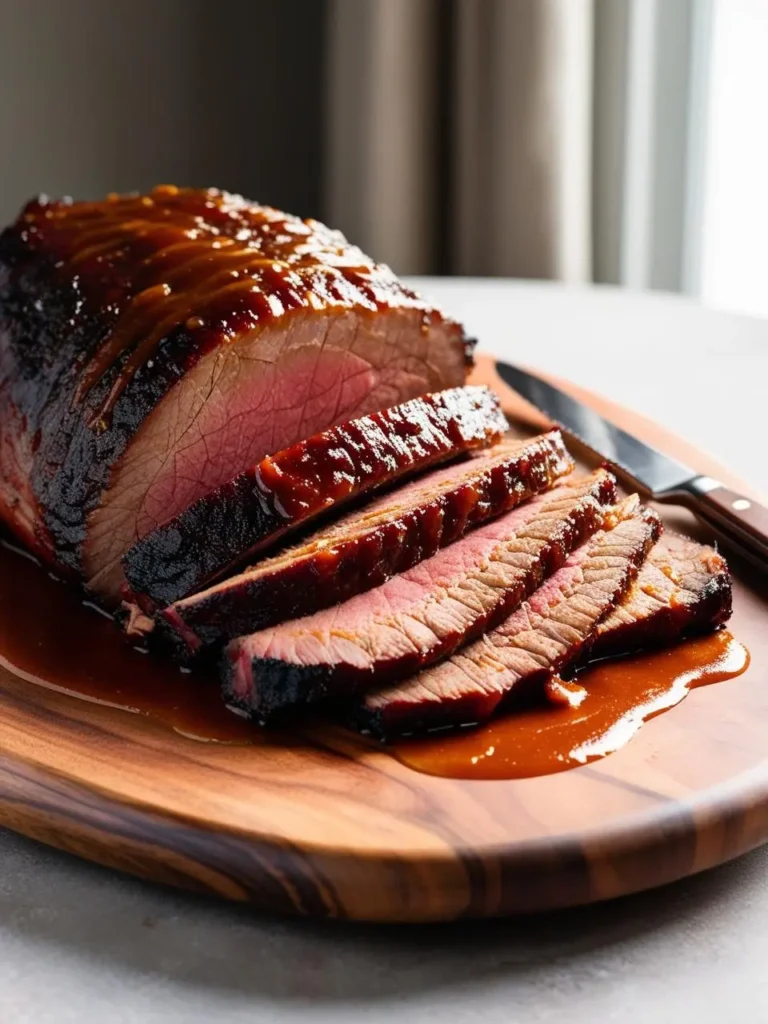 A beautifully roasted beef roast, sliced and arranged on a wooden cutting board. The roast is glazed with a sweet and savory sauce and garnished with fresh garlic cloves and parsley. The image evokes the aroma of savory spices and the promise of a delicious meal.