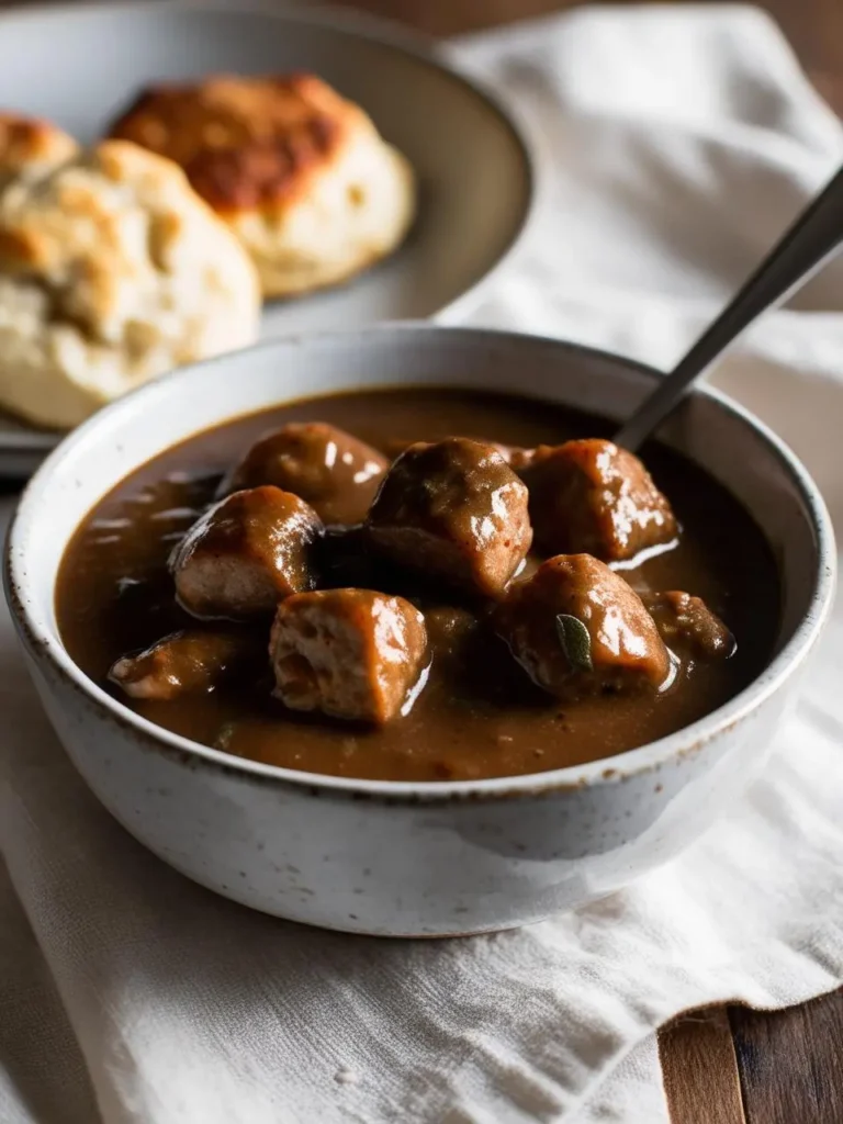 A bowl of savory sausage gravy, rich and brown, with a spoon resting in it.  Three golden brown biscuits are visible in the background. The image evokes the aroma of warm, comforting food.