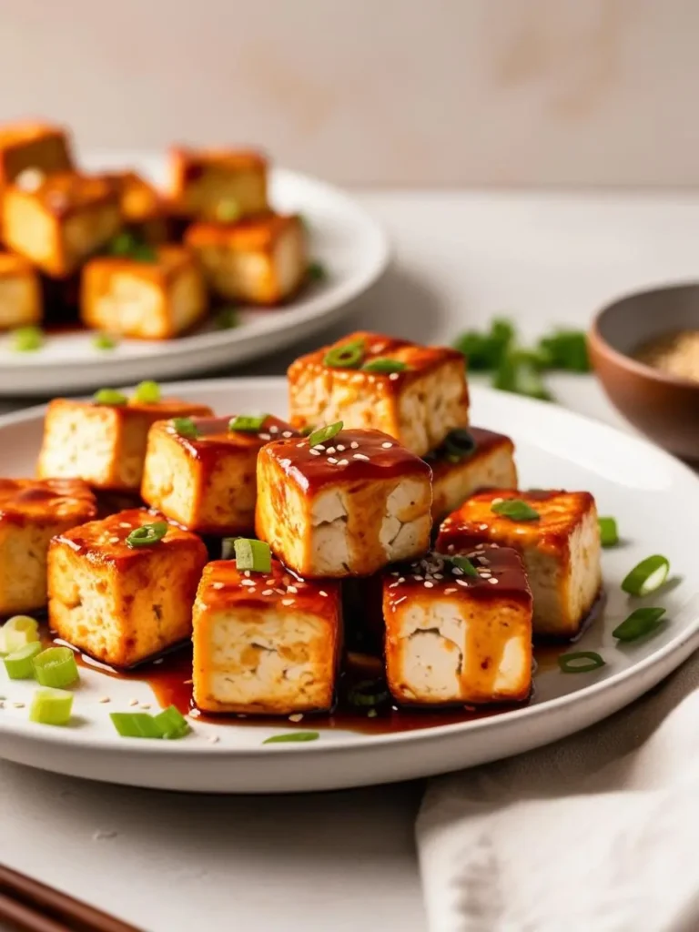 two white plates hold cooked tofu cubes, glazed with a red sauce and sprinkled with sesame seeds and green onions. the tofu cubes are arranged in a stack on one plate, and loosely on the other. a wooden bowl and chopsticks are visible in the background. the tofu appears to be crispy and flavorful