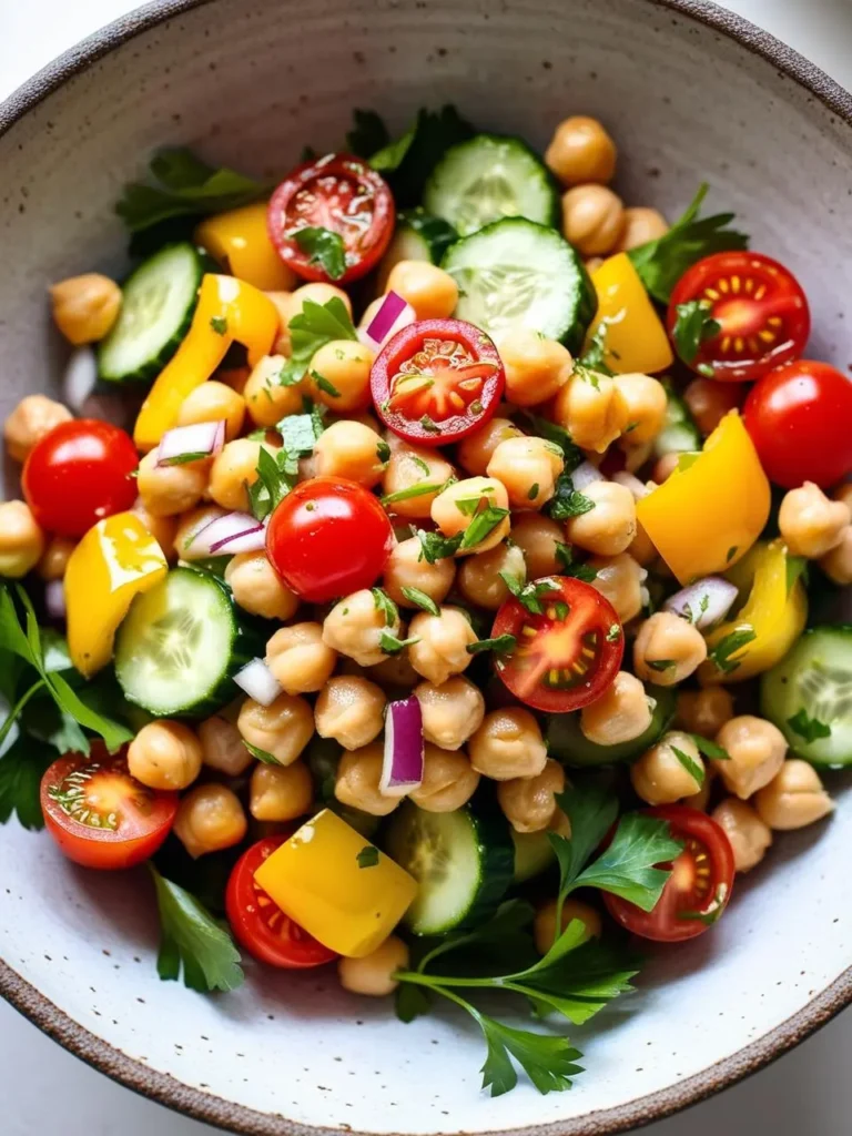 A vibrant chickpea salad bursting with fresh flavors. The salad is a colorful mix of chickpeas, chopped cucumbers, juicy cherry tomatoes, red onion, bell peppers, and fresh parsley. The image evokes the freshness of the ingredients and the promise of a light and healthy meal.