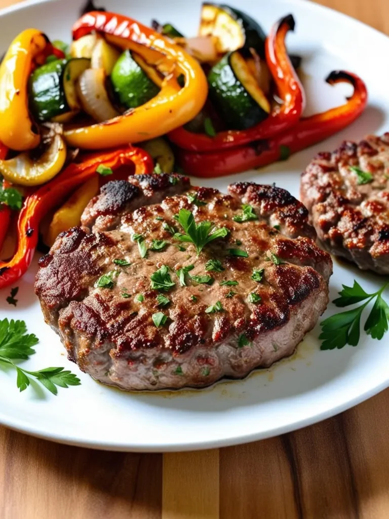 a white plate with a cooked hamburger patty in the foreground, sprinkled with green herbs. grilled vegetables, including bell peppers, zucchini, and onions, are arranged on the plate's edge. another hamburger patty is visible in the background. the plate sits on a wooden surface