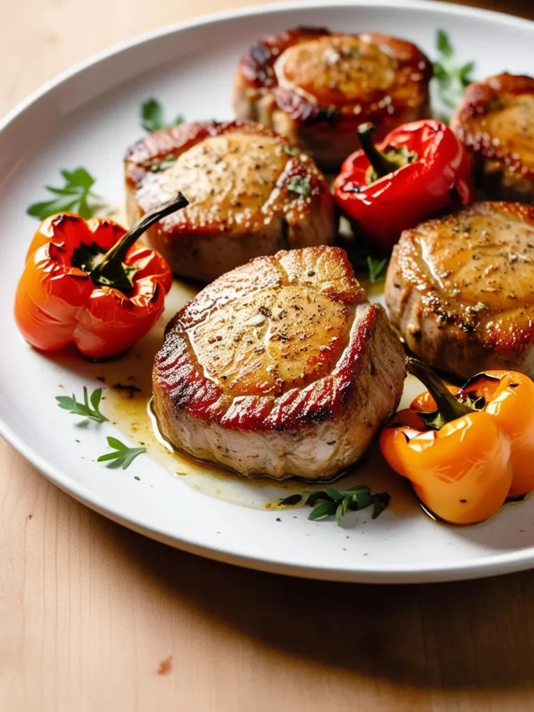 a white plate holds several cooked pork medallions, browned and seasoned, interspersed with roasted bell peppers. the medallions are arranged loosely, and the peppers add a pop of color. parsley sprigs are scattered around the plate, which sits on a wooden surface. the meal appears to be a simple and flavorful dish