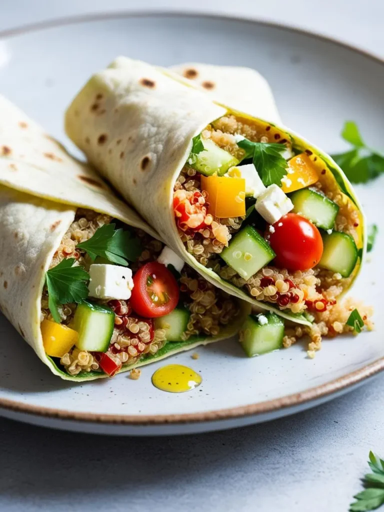 two veggie wraps on a speckled gray plate. the wraps are filled with quinoa, cucumbers, tomatoes, yellow bell peppers, and feta cheese. a few sprigs of parsley are scattered around. a small drop of yellow liquid is visible on the plate. the background is a light gray surface