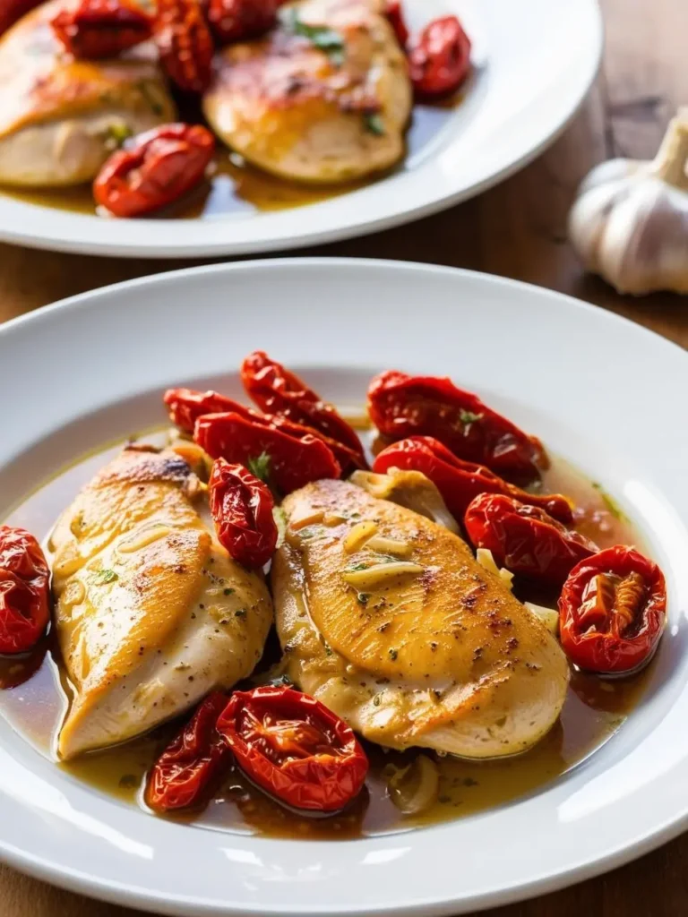 two white plates with chicken breast and sun-dried tomatoes. the chicken is cooked and golden brown. the tomatoes are red and slightly wrinkled. a light sauce is visible on the plates. a garlic bulb is in the upper right corner. the background is a wooden surface. the plates are round