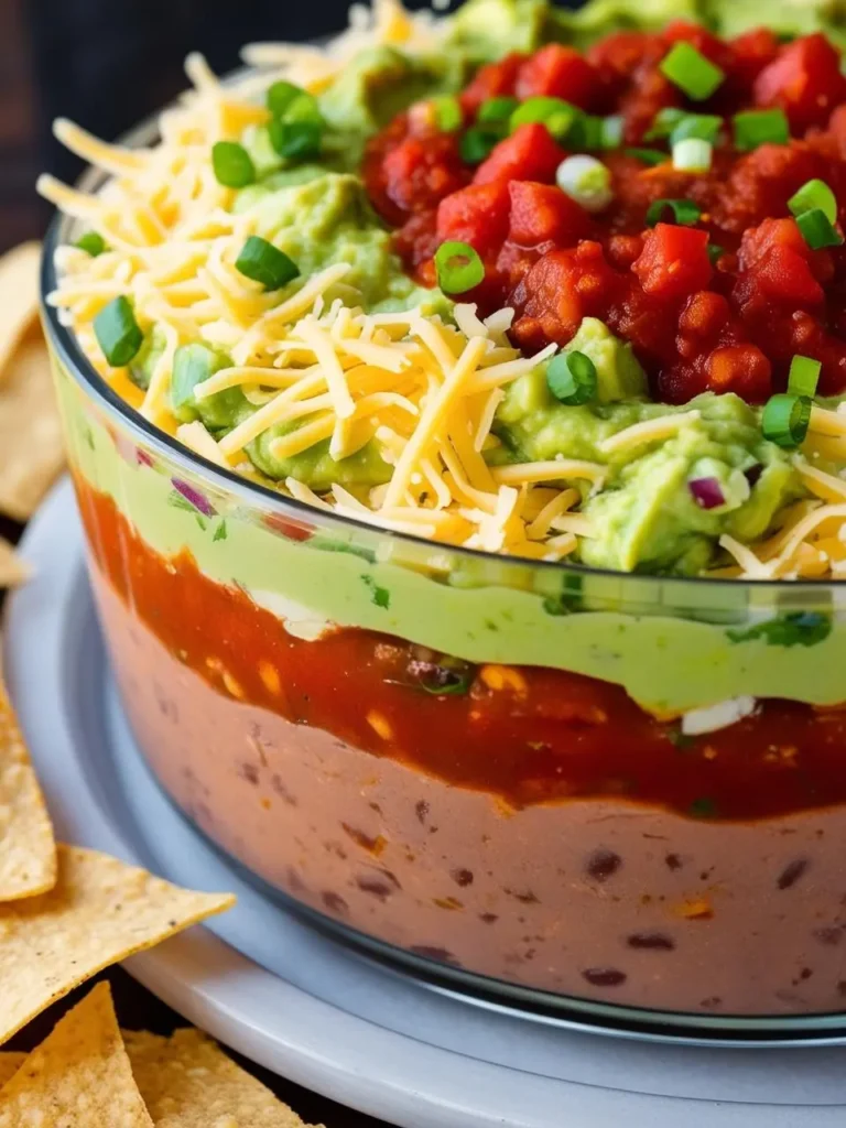 a clear glass bowl showcases a seven-layer dip, featuring layers of refried beans, guacamole, salsa, cheese, and other ingredients. the dip is topped with diced tomatoes and green onions, and tortilla chips are arranged around the bowl. the layers are distinct, and the dip appears to be colorful and flavorful