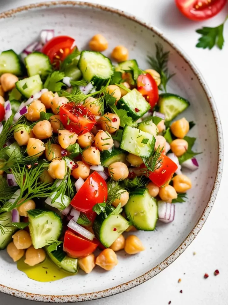 A vibrant chickpea salad with a Mediterranean flair. It's a colorful mix of chickpeas, chopped cucumbers, juicy cherry tomatoes, red onion, and fresh dill. The salad looks light and refreshing, perfect for a summer meal.