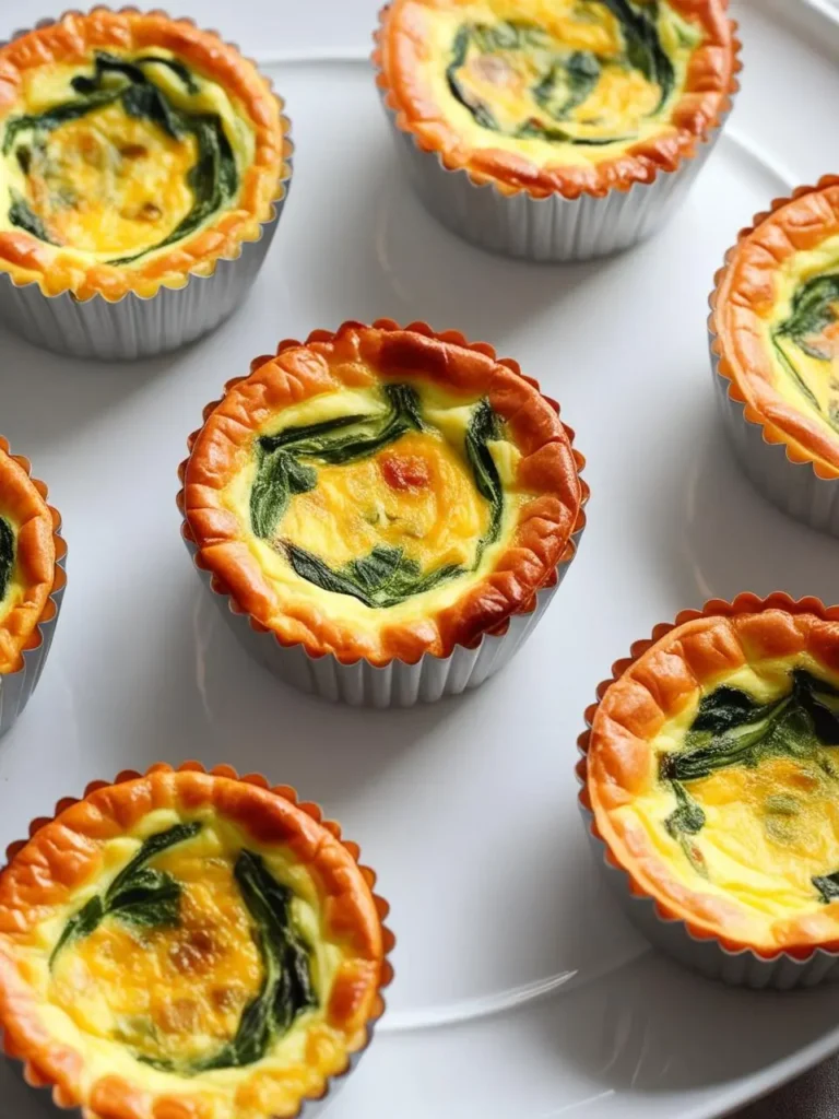 A plate of golden-brown mini quiches. Each quiche is filled with a creamy egg custard and flecks of spinach. The image evokes the savory flavors of this classic French dish and the promise of a satisfying bite.