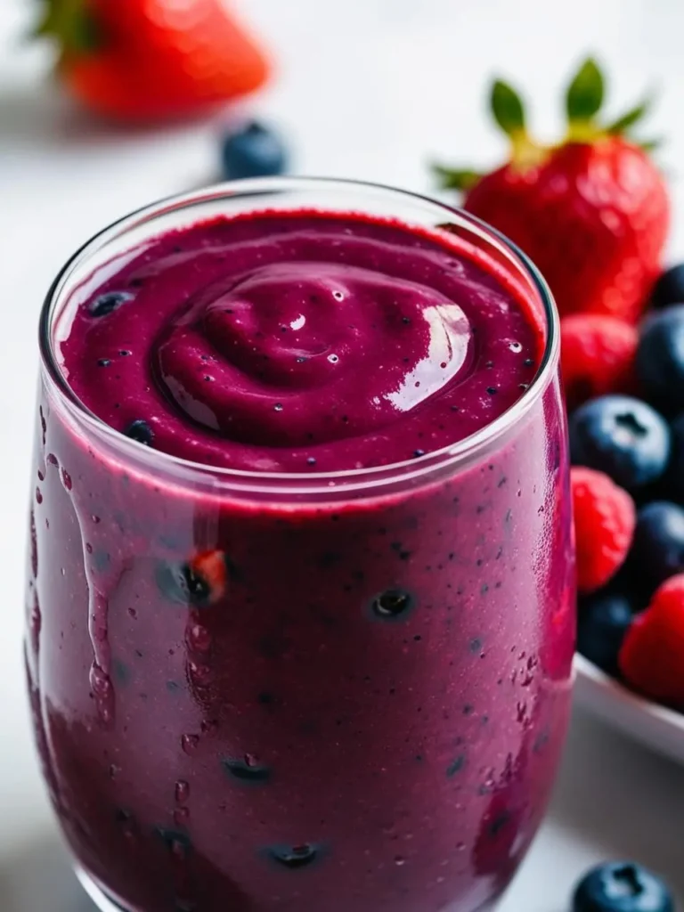 a close-up shot of a glass filled with a vibrant purple smoothie, garnished with fresh blueberries, raspberries, and strawberries. the smoothie has a thick, creamy texture, and the berries are scattered around the glass, creating a visually appealing and refreshing scene. the background is softly blurred