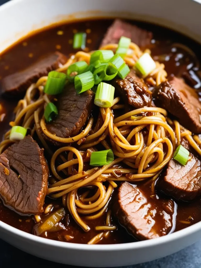 A bowl of savory beef noodle soup. Tender slices of beef are nestled amongst a bed of noodles, all swimming in a rich, dark broth. The soup is garnished with chopped green onions, adding a touch of freshness and color. The image evokes the aroma of savory spices and the promise of a warm and satisfying meal.