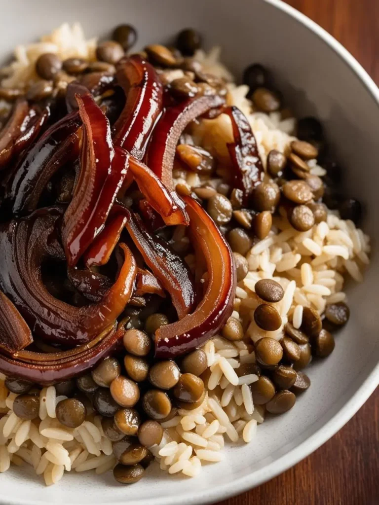 A bowl of Mjadara, a Middle Eastern dish. It features a bed of rice topped with lentils and caramelized onions. The image evokes the aroma of savory spices and the promise of a flavorful and satisfying meal.