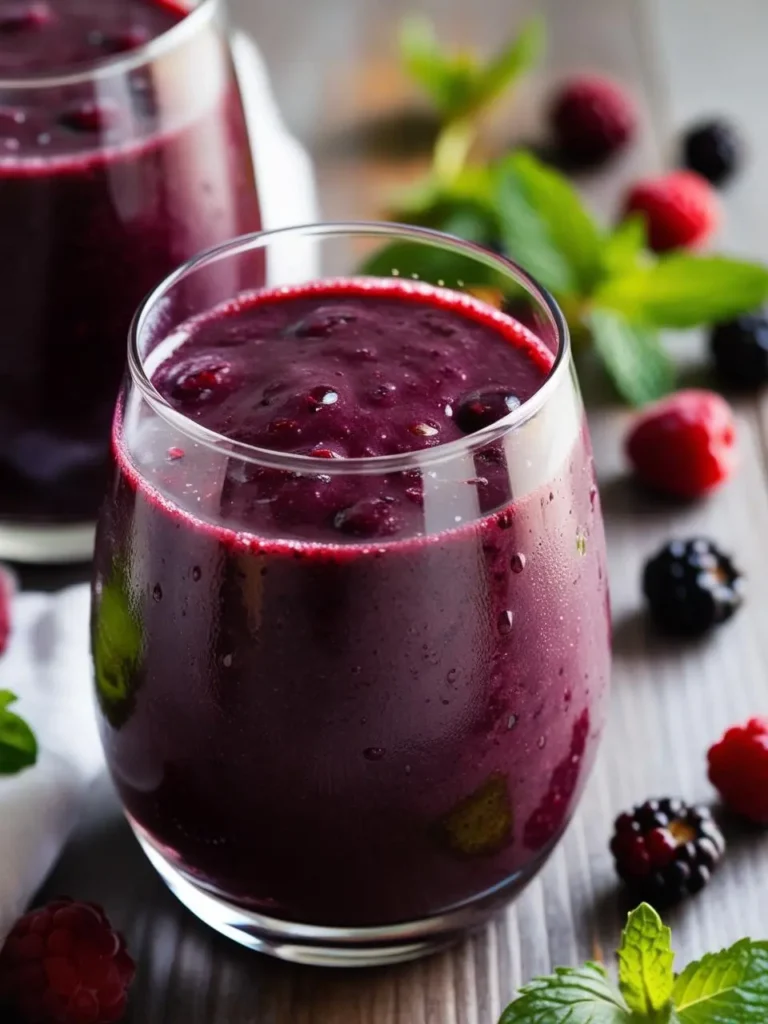 a close-up shot of a glass filled with a dark purple berry smoothie, with another glass slightly blurred in the background. fresh raspberries, blackberries, and mint leaves are scattered around the glasses on a wooden surface, suggesting the smoothie's ingredients and creating a refreshing scene