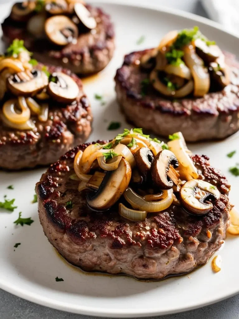 a white plate holds four hamburger steaks, browned and topped with sauteed mushrooms and onions. the steaks are arranged loosely, and the toppings add a savory element. chopped parsley is scattered around the plate. the plate sits on a light surface, and the steaks appear to be juicy and flavorful