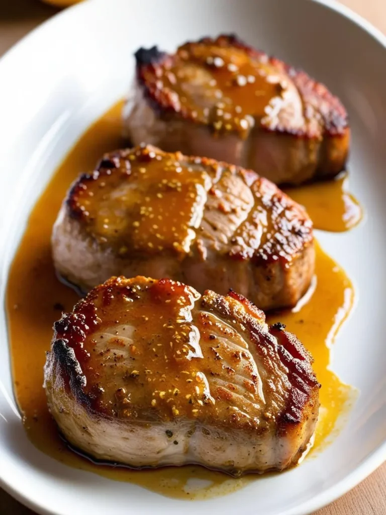 three cooked pork medallions, browned and glistening with a mustard sauce, are arranged on a white plate. the medallions are evenly spaced, and the sauce adds a glossy sheen. the plate sits on a light surface, and the pork appears to be tender and flavorful. the image is shot from above