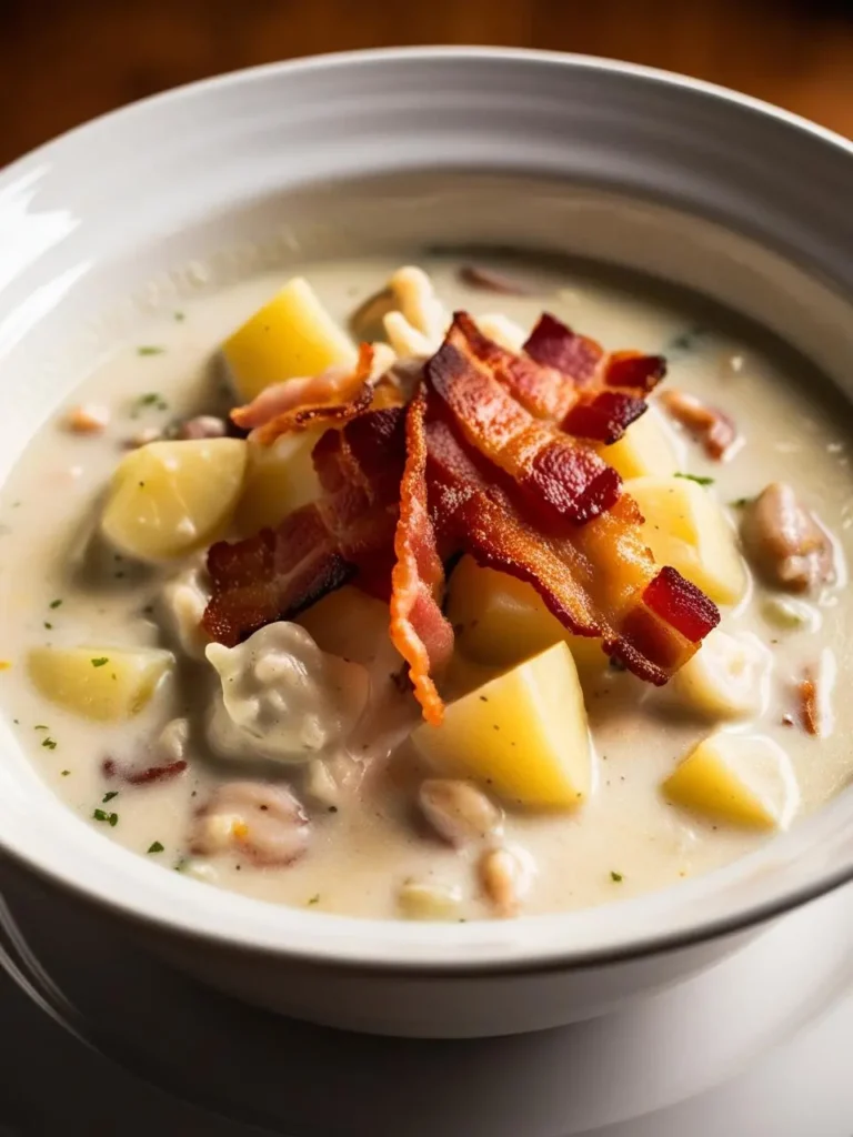 A bowl of creamy clam chowder. The chowder is filled with tender clams, diced potatoes, and crispy bacon bits. The image evokes the aroma of the sea and the promise of a warm and comforting meal.