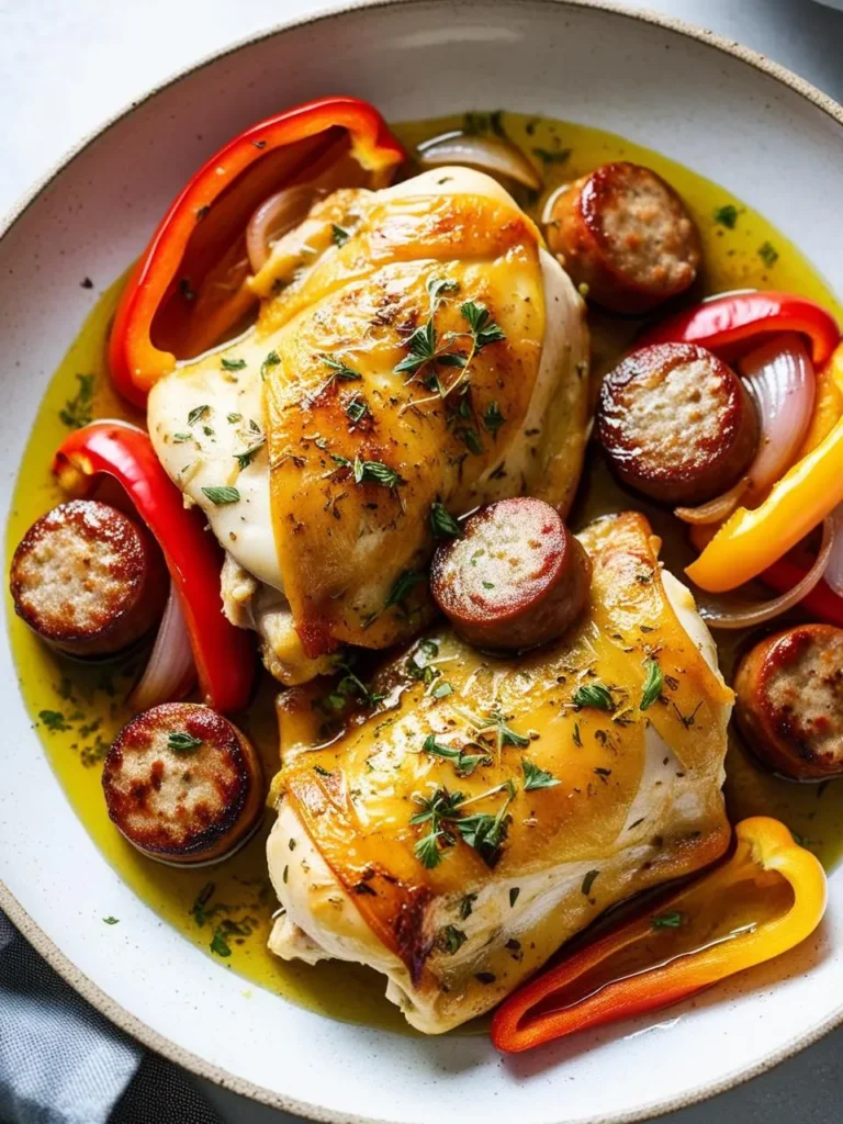 a white plate holds two cooked chicken thighs, browned and seasoned with herbs, surrounded by sliced sausage, red and yellow peppers, and onions. the chicken and vegetables are arranged loosely, and the plate sits on a light surface with a checkered cloth. the dish appears to be flavorful and well-prepared