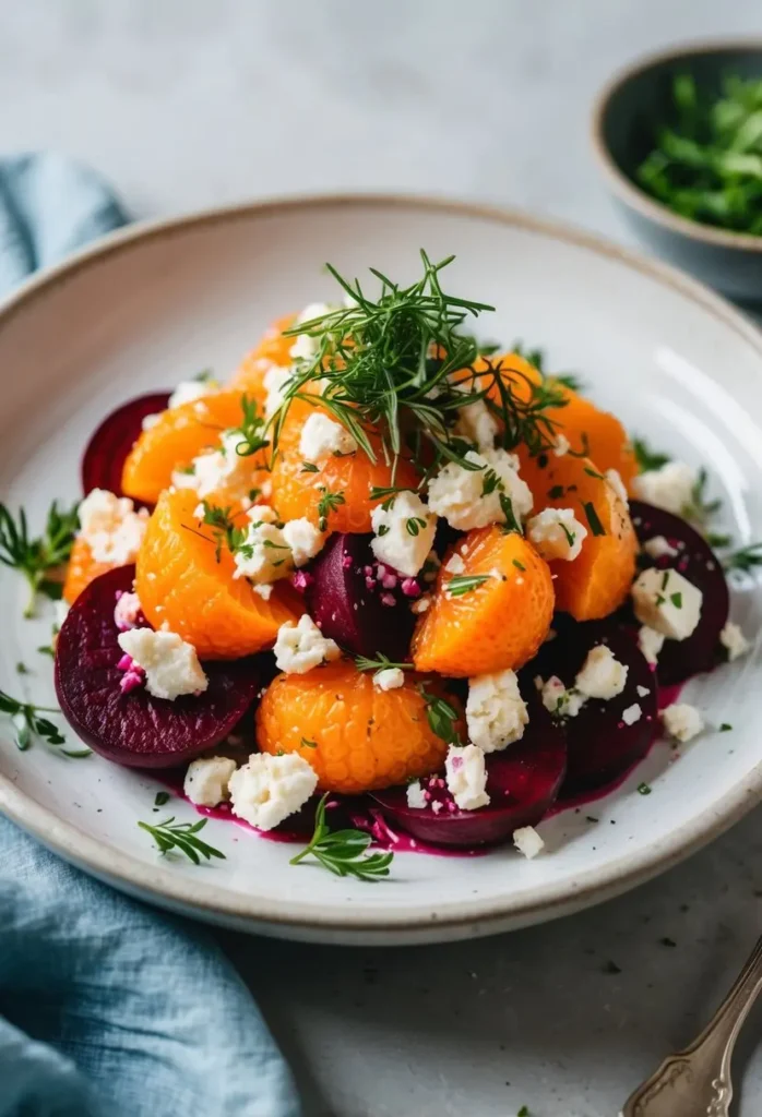 A vibrant orange beet salad topped with crumbled feta and fresh herbs on a white ceramic plate