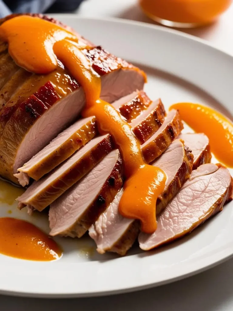 A sliced pork loin roast on a white plate, drizzled with a vibrant orange sauce. The pork is tender and juicy, with a crisp exterior. Orange slices add a pop of color and suggest a citrusy flavor profile. The image evokes a sophisticated and delicious meal.