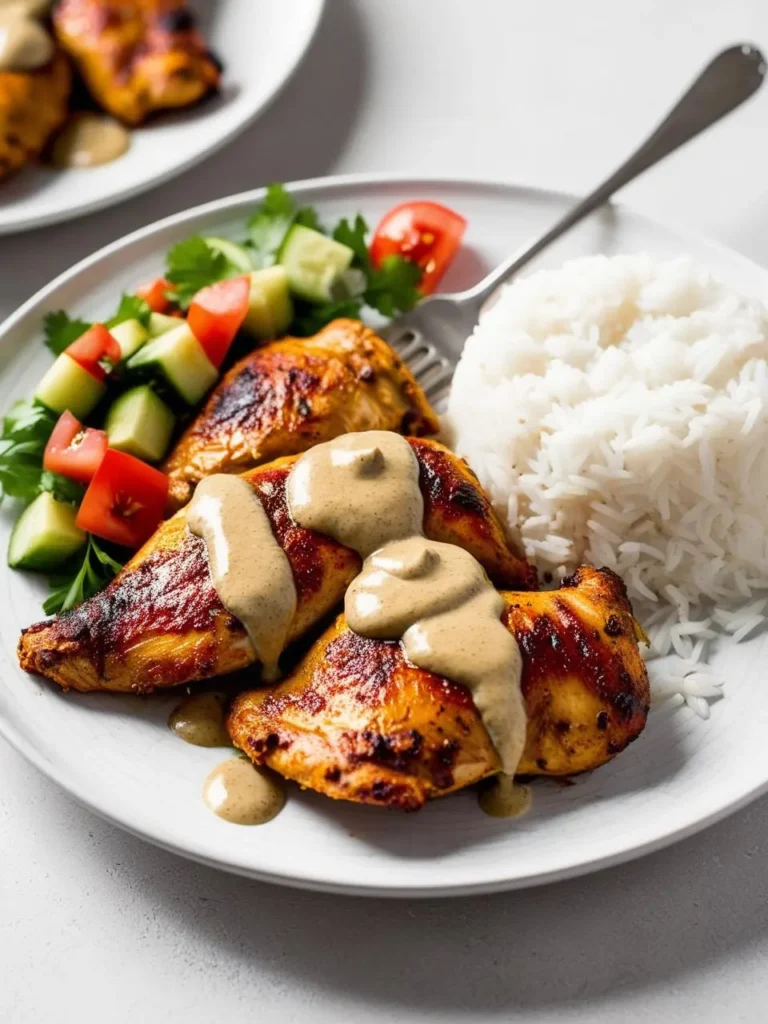 a white plate holds two cooked chicken pieces, browned and drizzled with a creamy sauce, alongside a scoop of white rice and a small salad of chopped vegetables. a fork rests on the plate. another plate with chicken is blurred in the background. the chicken appears to be juicy and flavorful