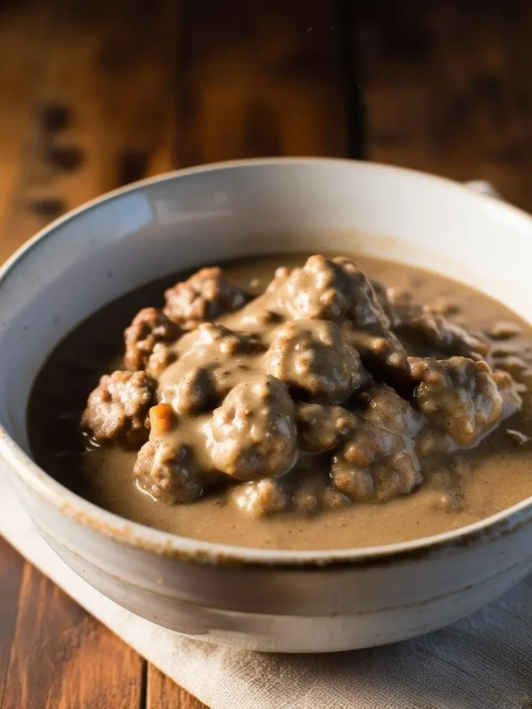 A bowl of hearty meatball stew. The meatballs are simmered in a rich, creamy sauce, creating a warm and satisfying meal. The image evokes the aroma of savory spices and the promise of a delicious and comforting dish.