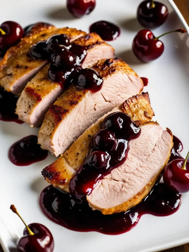 Sliced duck breast with cherry sauce on a white plate. The duck is fanned out, revealing a rosy pink interior and crisp skin.  A glossy, deep red cherry sauce is drizzled over the slices, and fresh cherries are scattered around the plate, creating an elegant and appetizing presentation.