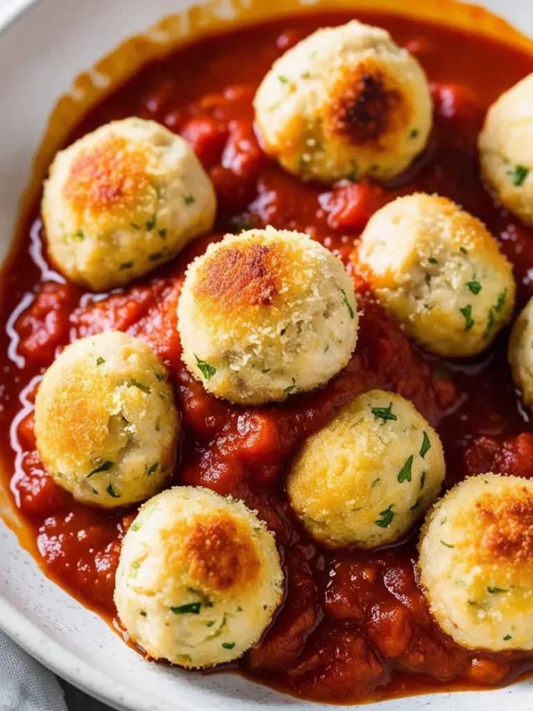 A close-up of golden brown baked chicken meatballs simmering in a rich tomato sauce. The meatballs are perfectly round and appear light and fluffy, nestled in a pool of vibrant red sauce. The image evokes the comfort and warmth of a delicious and satisfying meal.