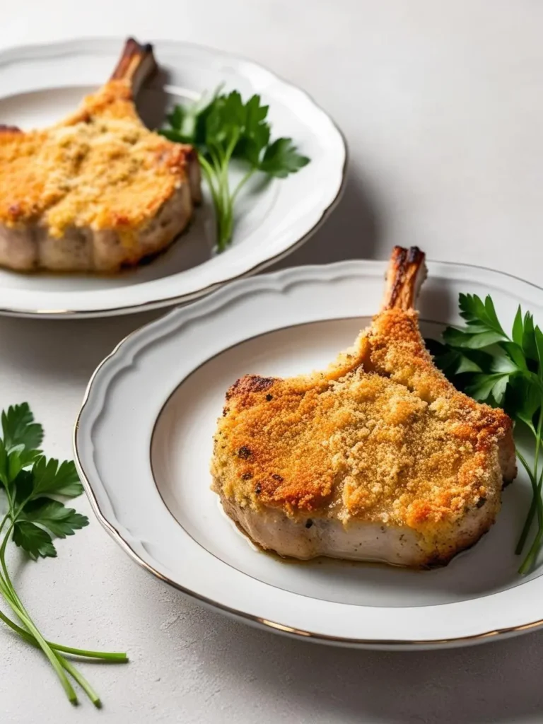 Two golden-brown, bone-in pork chops on separate white plates.  Each chop has a crispy, textured coating and is garnished with fresh parsley. The plates have a simple, elegant design with a gold rim. The image suggests a classic, home-style meal.