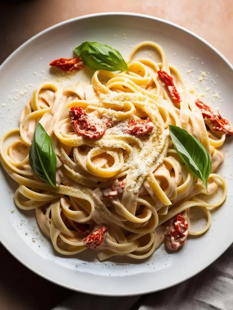 a plate of fettuccine with a creamy sauce, sun-dried tomatoes, and basil leaves. the pasta is arranged in a nest shape. the sauce is light-colored and creamy. the tomatoes are red and scattered. the basil leaves are green and fresh. a light-colored cloth is visible in the bottom right corner